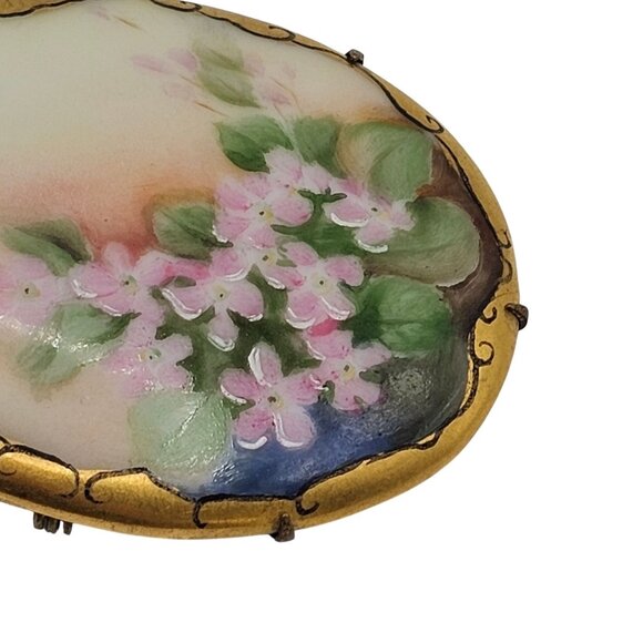 Antique Hand-Painted Porcelain Floral Brooch Victorian C-Clasp Pink Romantic Pin - Picture 8 of 13